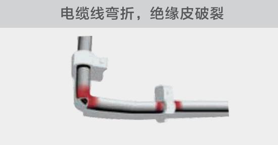 在安裝過(guò)程中，由于電線的彎曲半徑過(guò)小，或是線夾過(guò)緊，導(dǎo)致線纜絕緣皮破裂，產(chǎn)生電弧隱患